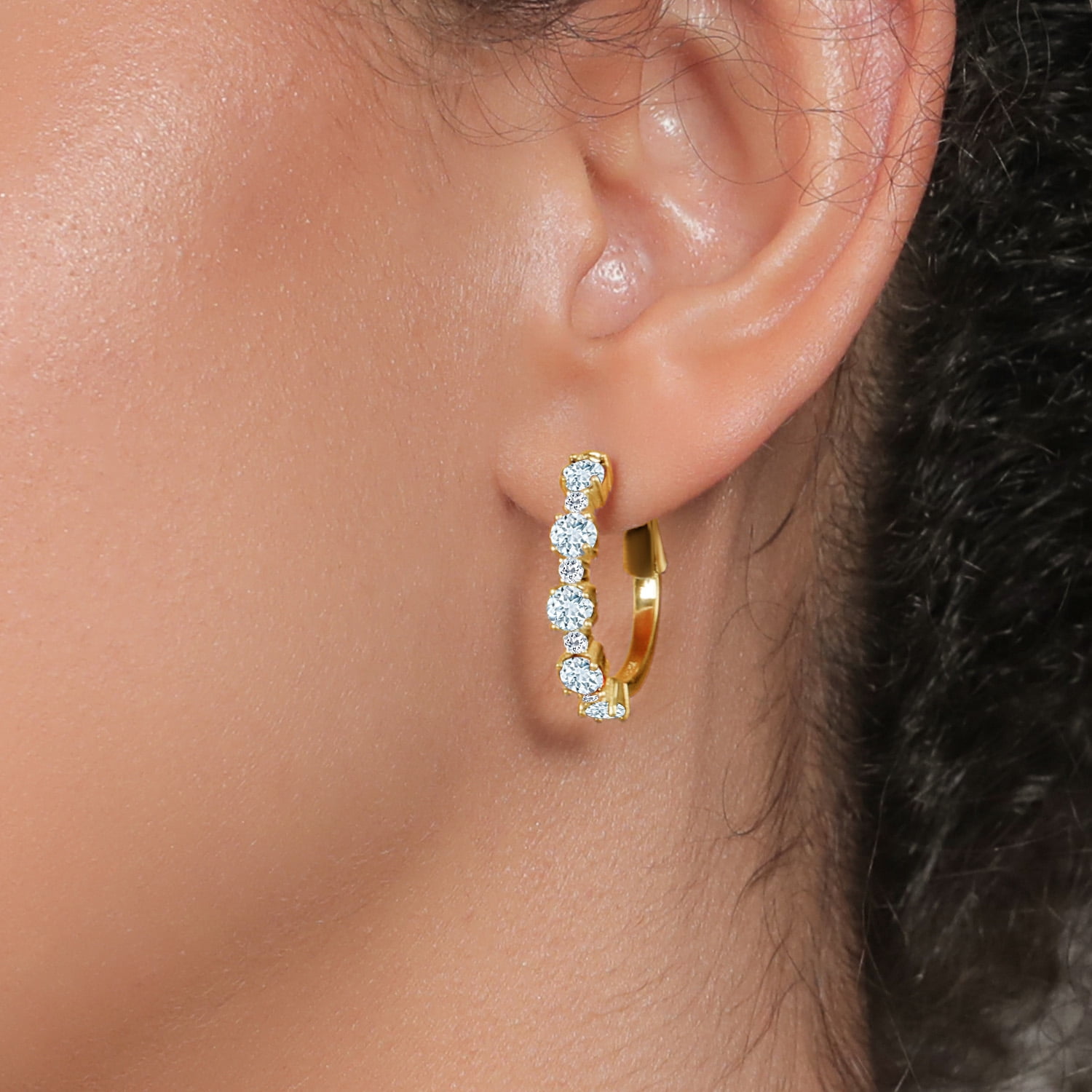 Gem Stone King 18K Yellow Gold Plated Silver Sky Blue Aquamarine and White Topaz Hoop Earrings for Women (2.82 Cttw, Round 4MM and 1.9MM, Gemstone Birthstone 1 inch Diameter)