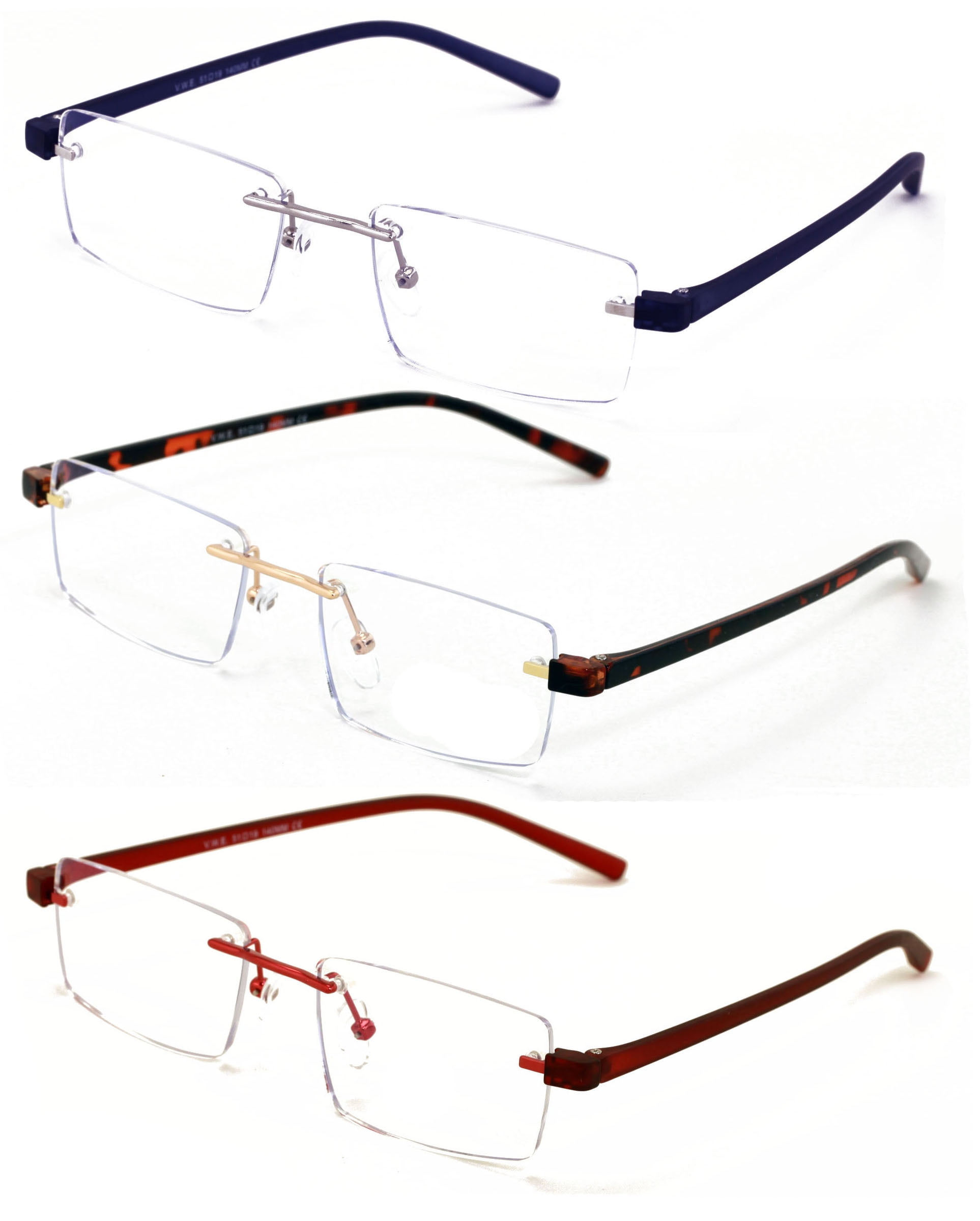 3 Pairs Lightweight Full Rimless Reading Glasses Metal with Flexible Temple - Rectangular Anti Blue Blocker Reader Clear Lens 2.00