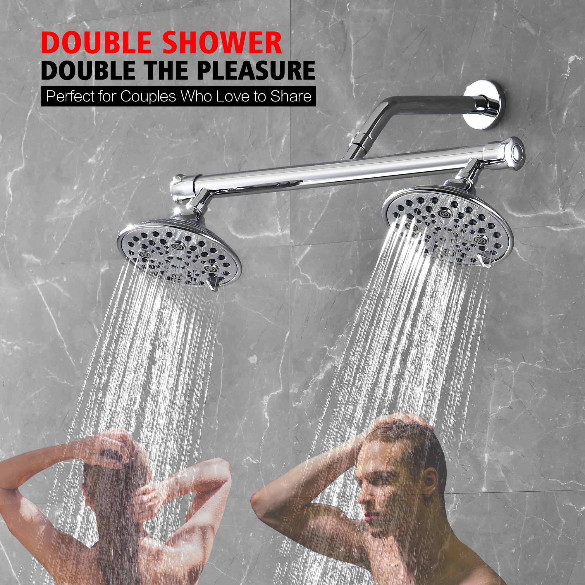sumerain Dual Showerhead Combo with Built-In Shut-Off Valve, 6 Settings and 20 Inch Long Shower Arm for Couples, Chrome Finish