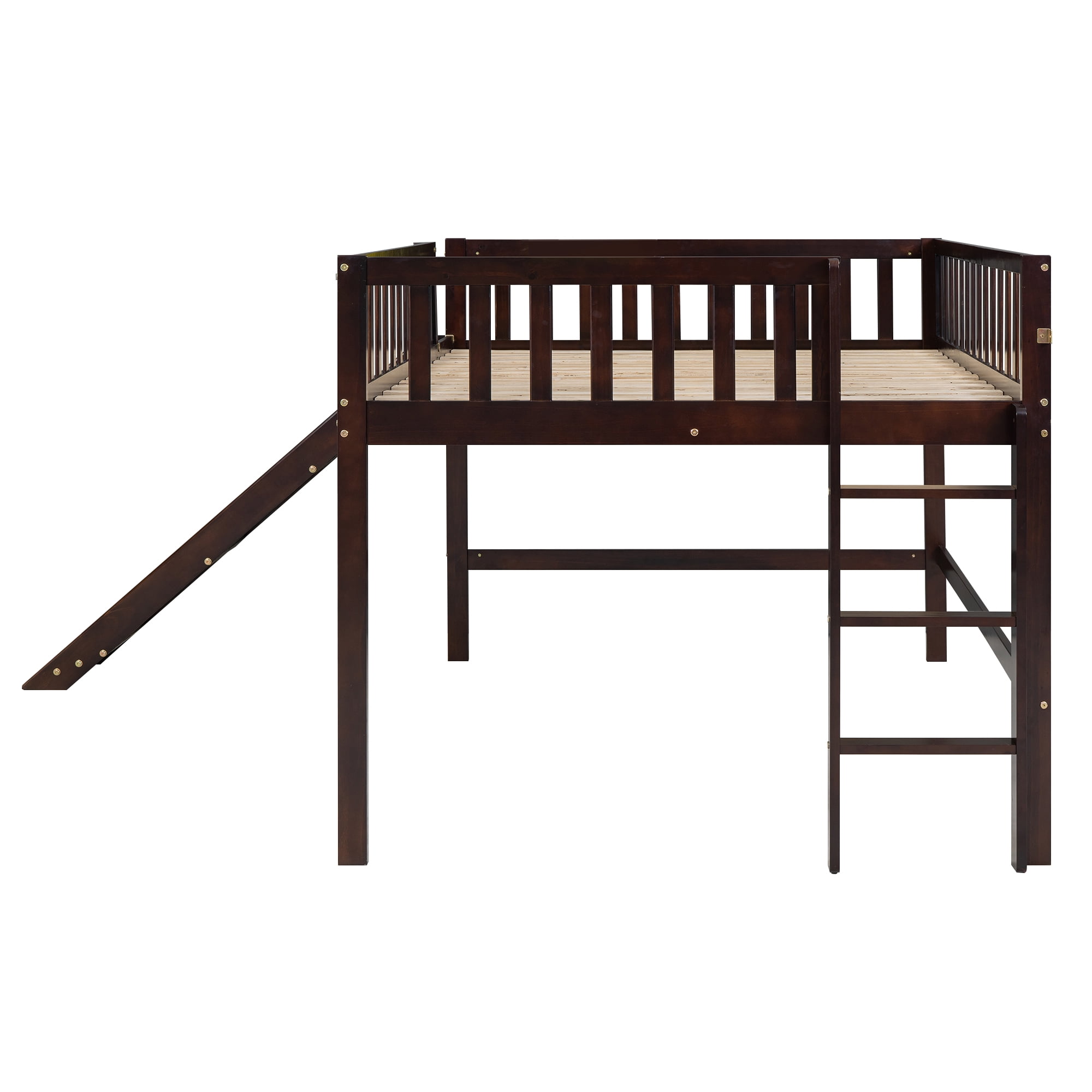 Euroco Wood Full Size Loft Bed, Low Profile Bed with Vertical Ladder and Slide for Kids Teens, Espresso