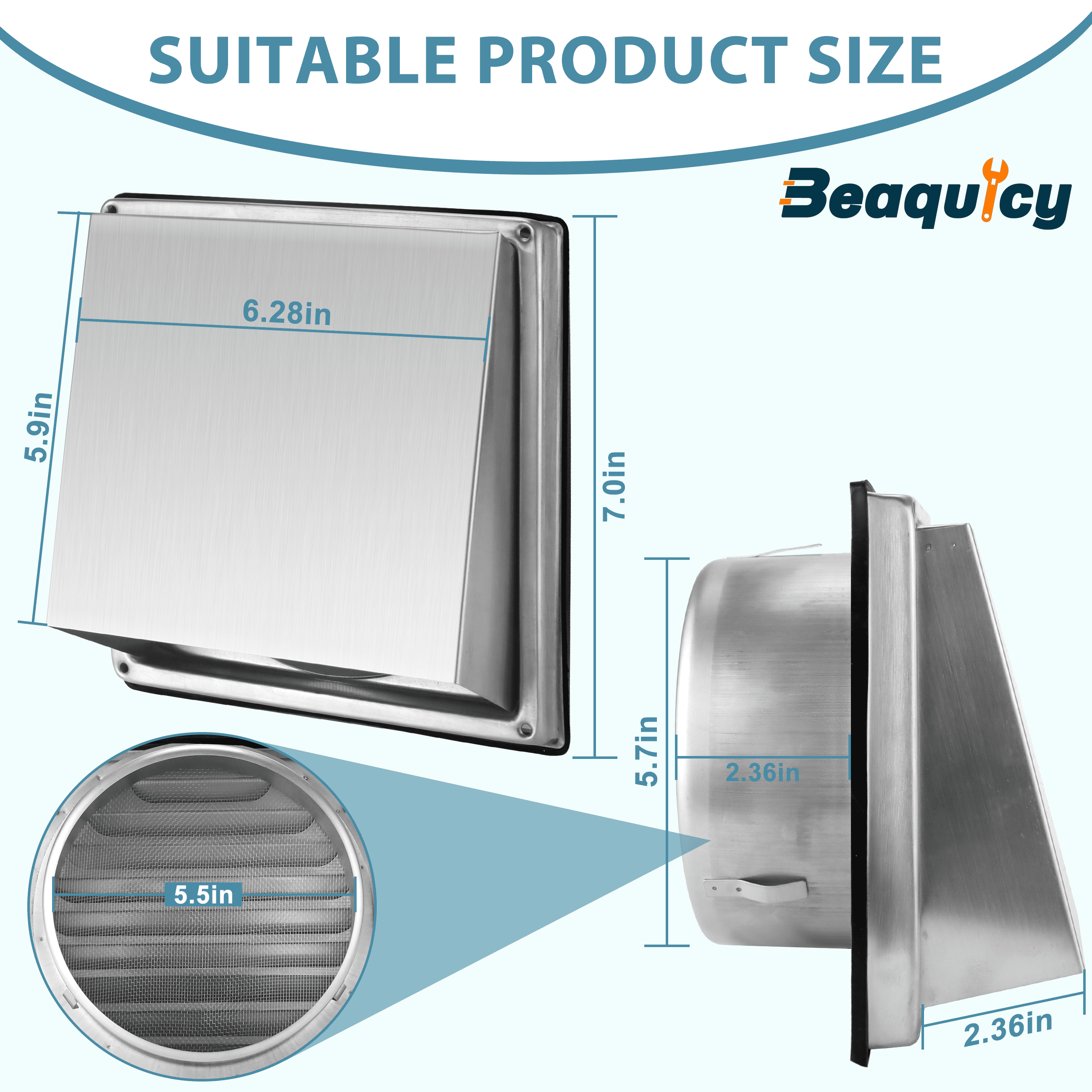 Beaquicy Dryer Stainless Vent Cover Steel 6 Inches Outdoor Air Vent Covers for Wall Vent Exterior With Screw