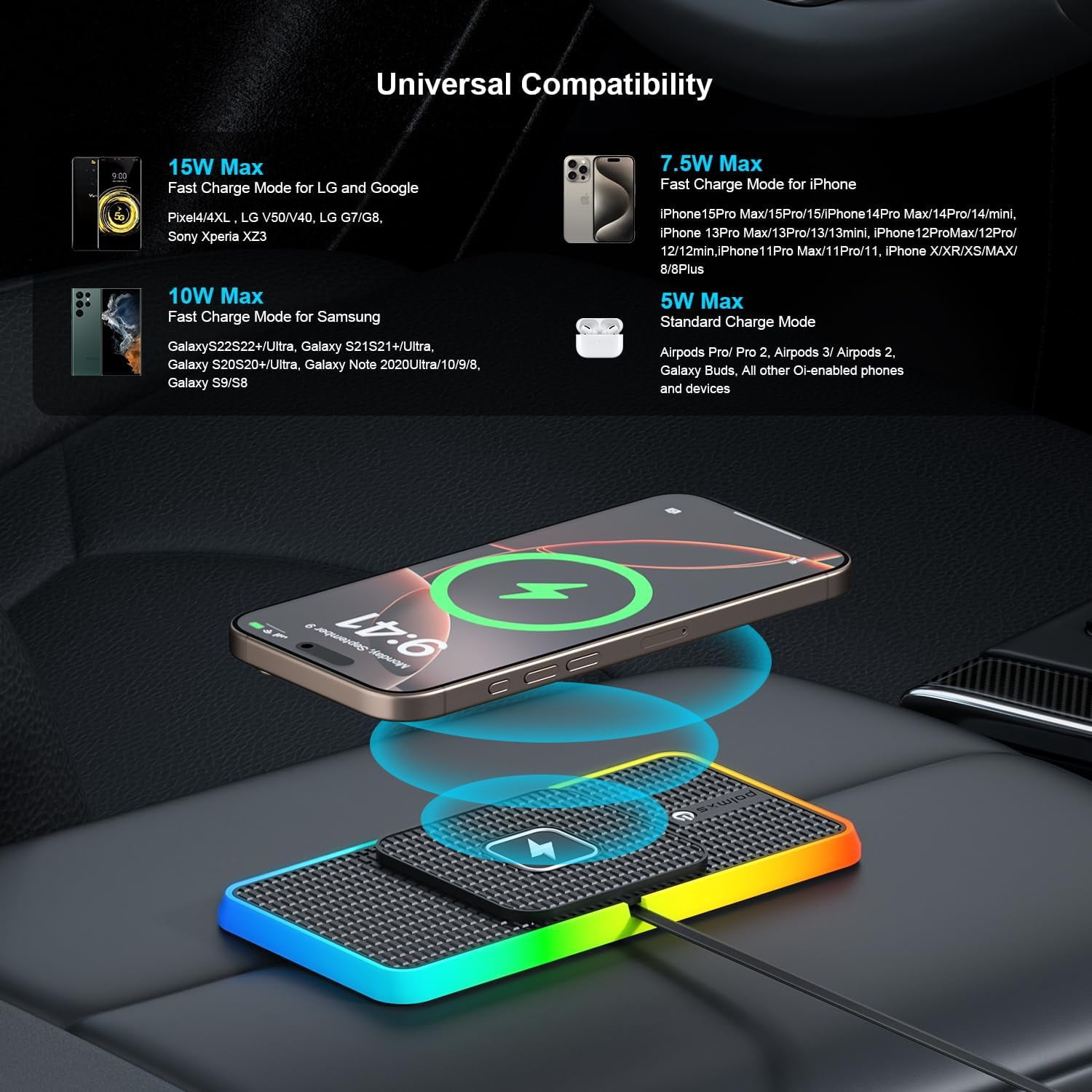 Wireless Charger car Charging pad,FHDFHD 15W Wireless Phone Charger,RGB Cell Phone Cordless Charging mat Compatible with iPhone 16/15/14/13/12 Galaxy S23 S22 S21 Note10(k1)