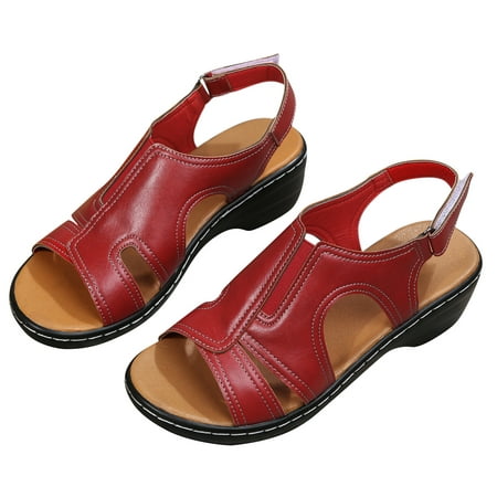 

Women Fish Mouth Wedge Sandals Summer Plat Sandals Breathable Comfortable Solid Color Sandals Elegant Comfy Skid Walking Red 7.5
