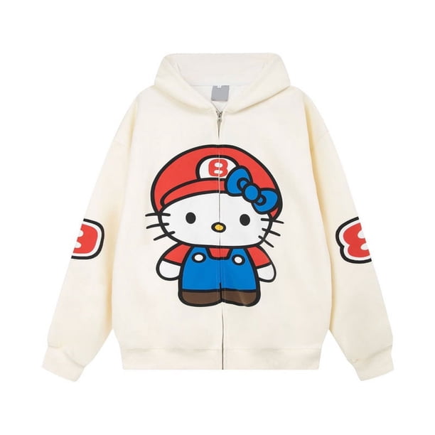 Sanrio Hellokitty Nuevas sudaderas con capucha lindas y geniales para otoño e invierno para mujer Versión coreana Chaqueta tipo cárdigan con cremallera de moda Top holgado y versátil