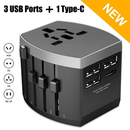 NERDI Travel Adapter, All-in-one Universal Power Adapter with 1 AC Outlet + 1 Type-C Port + 3 USB Ports, International Adapter for US / UK / Europe / AUS Over 150 Countries