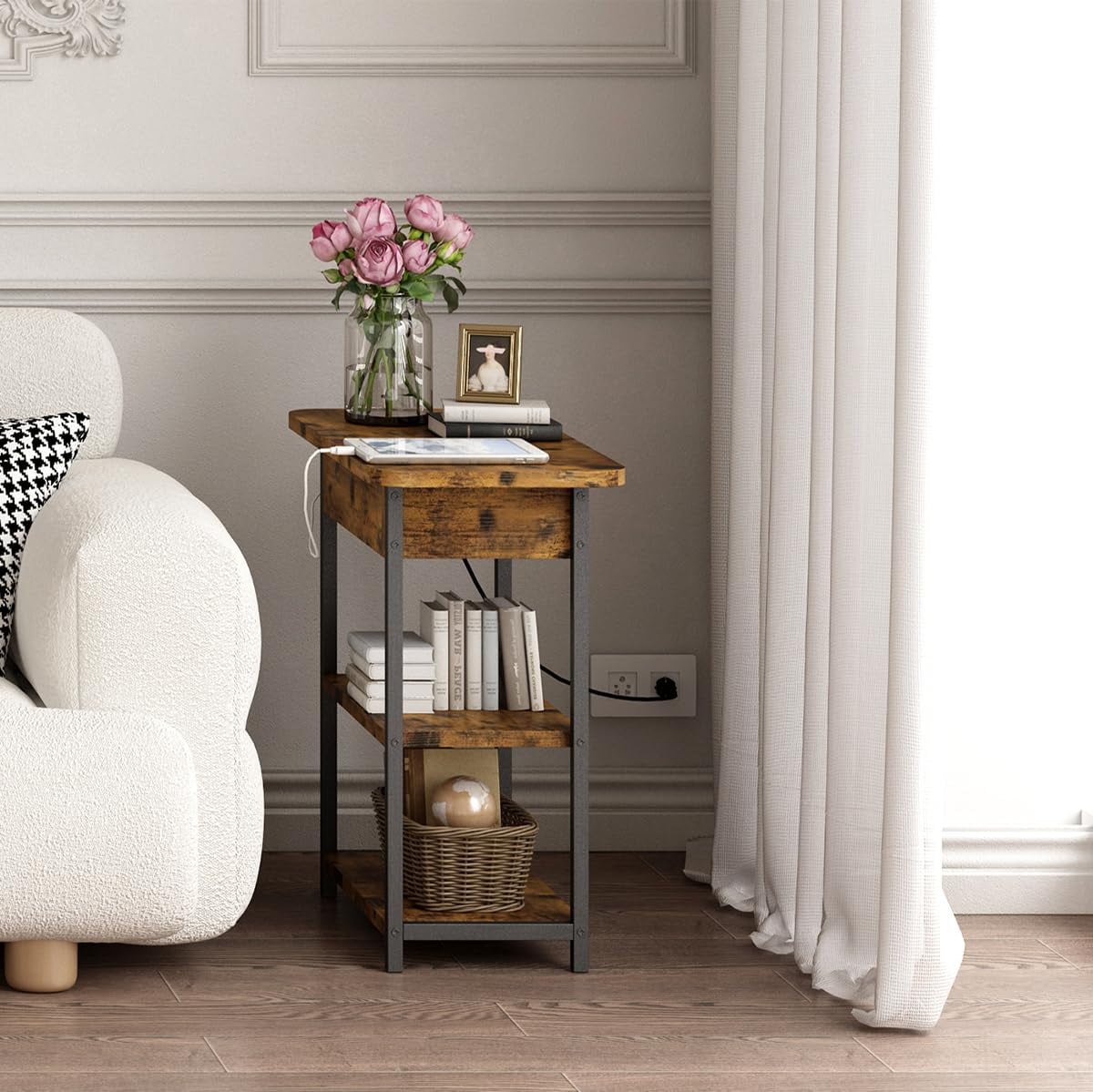 Ataucjin 3-Tier Nightstand End Table With Charging Station And USB Ports  Sofa Couch Bedside TableTop Narrow Side Table With Storage Shelves For  Small Space Living Room Bedroom Balcony - Walmart Business Supplies, image size:1200x1199