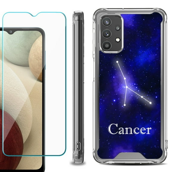Shockproof Bumper Phone Case for Samsung Galaxy A32 5G, with Tempered Glass Screen Protector, by OneToughShield ® - Zodiac / Cancer
