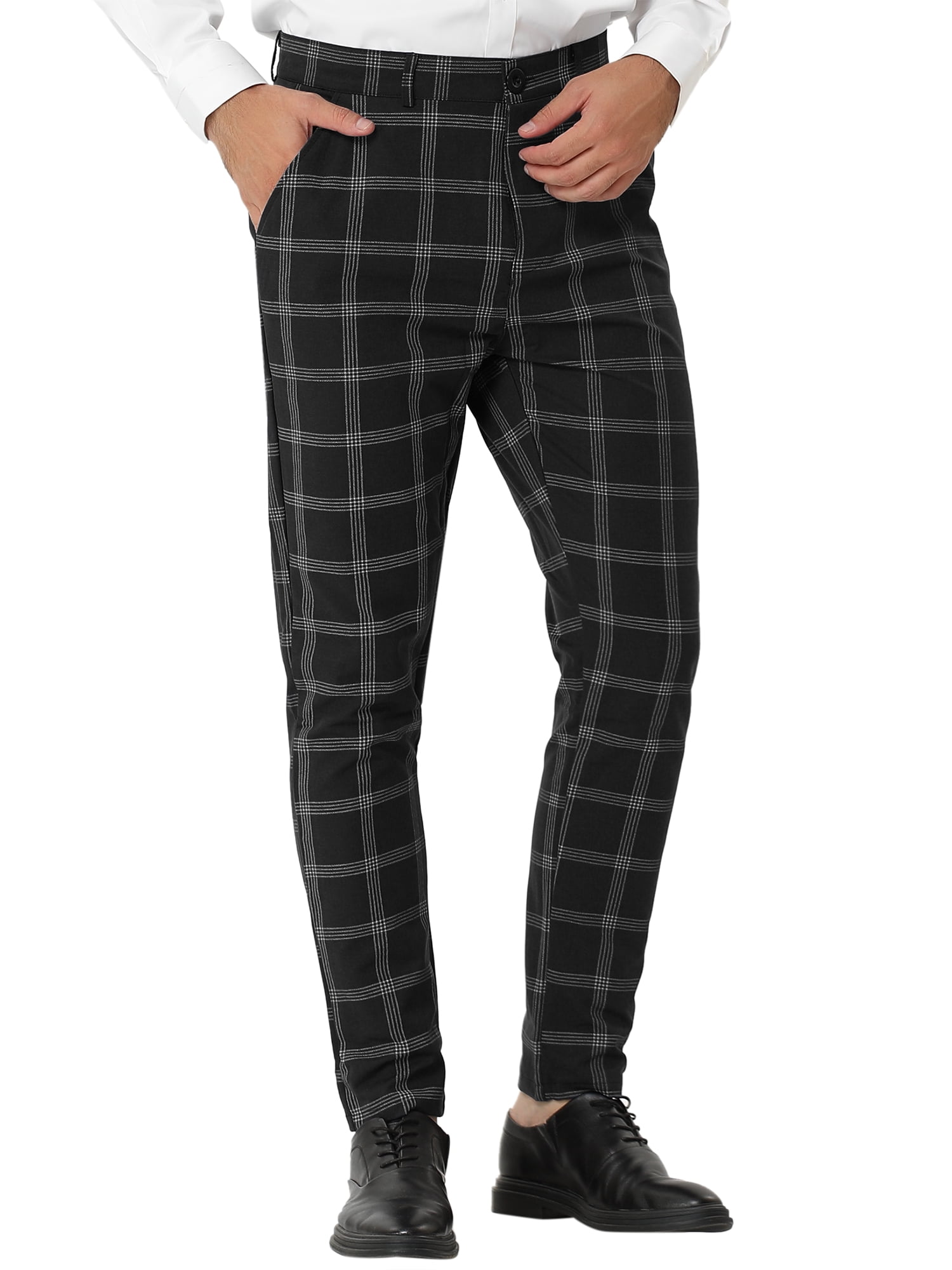 Unique Bargains Men's Plaid Slim Fit Flat Front Business Pants with