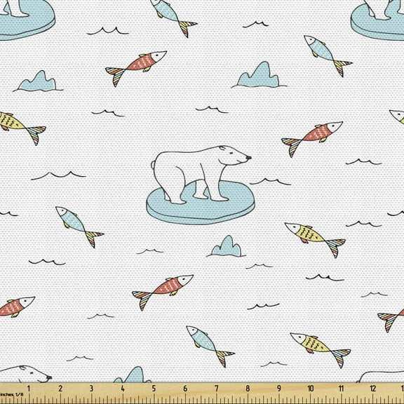 Polar Bear Fabric by the Yard, Arctic Wildlife Pattern About Sea with White Bear and Colorful Fishes, Decorative Upholstery Fabric for Chairs & Home Accents, 10 Yards, Multicolor by Ambesonne