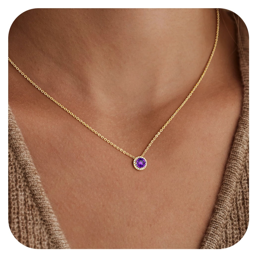 Turandoss February Birthstone Necklaces for Women Trendy Dainty 14K Gold Plated Created Round Purple Amethyst CZ Birthstone Pendant Necklace Personalized Jewelry Birthday Gifts for Women