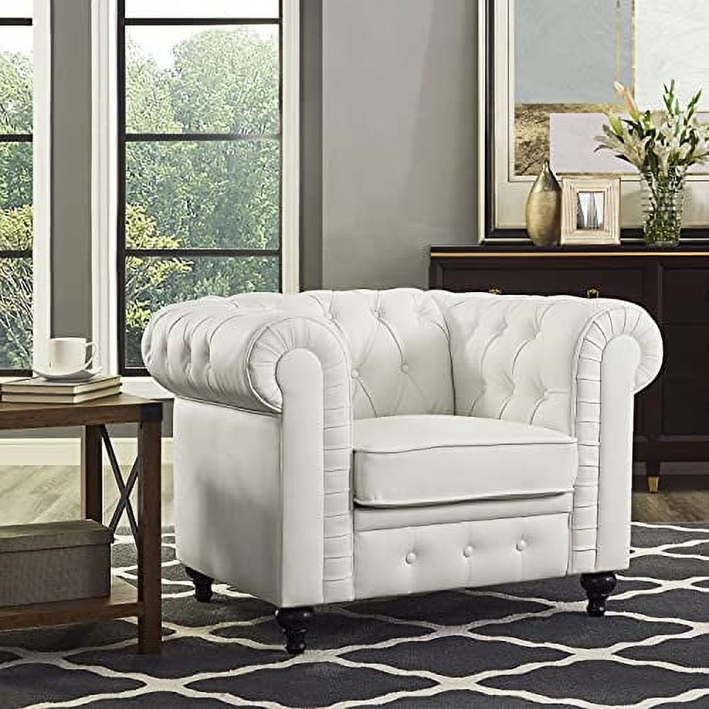 2 Piece Living Room Set, Faux Leather Chesterfield Loveseat & Chair, Deep Button Tufted with Rolled Arms, Home Furniture - Include 3-Seater Couch and Single Chair, White