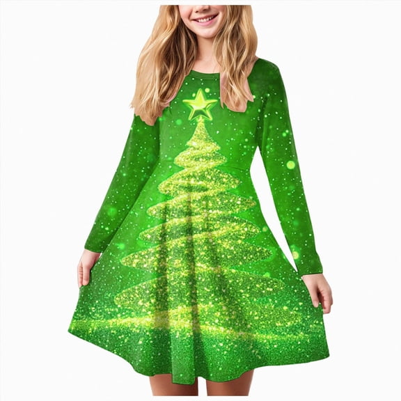 Splozh Christmas Dress for Girls Fashion Cute Girls Christmas Print Prom Party Dress,Green,7-8 Years