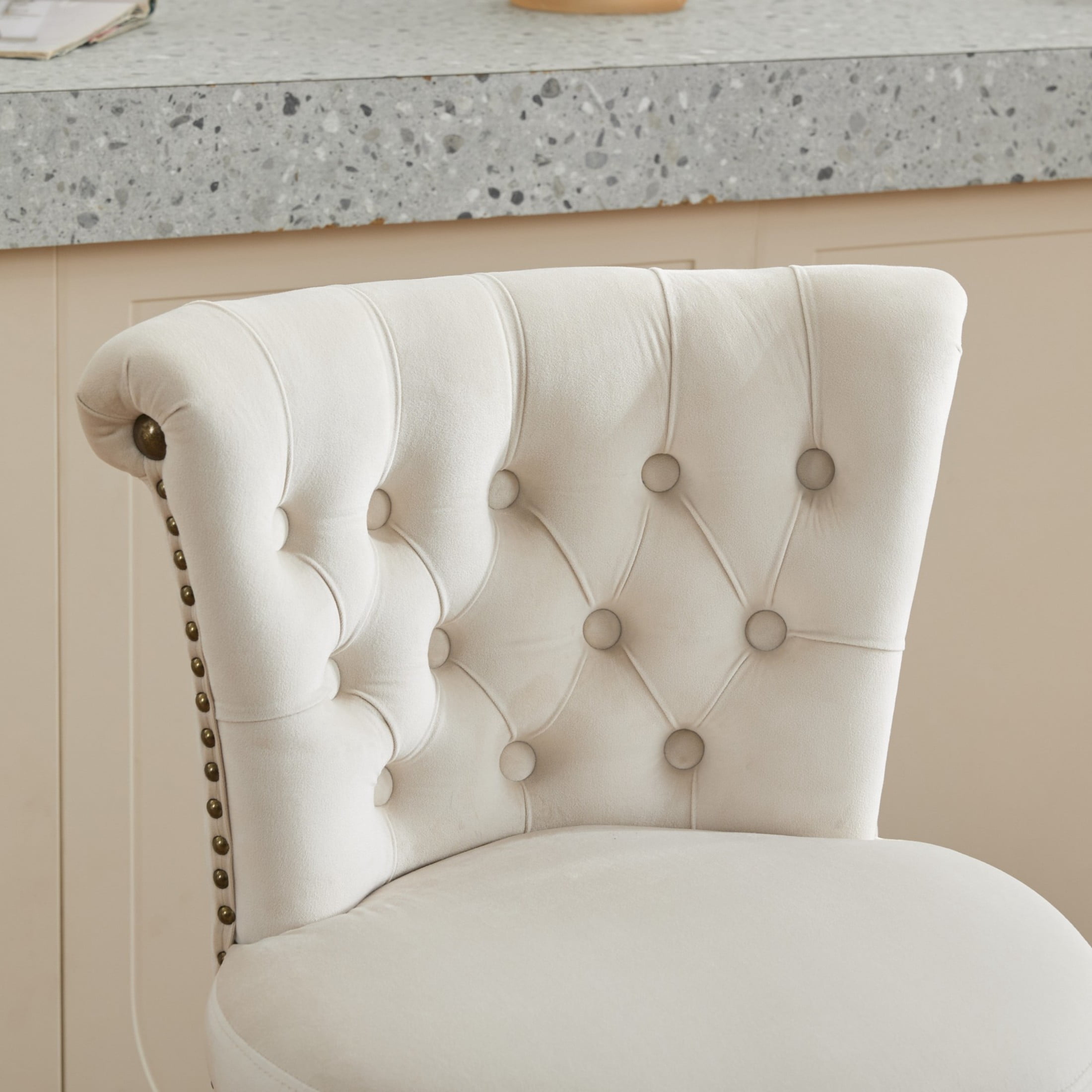 Noble House Set of 2 Counter Height Bar Stools, 360° Swivel Velvet Seats, Tufted Back, Beige