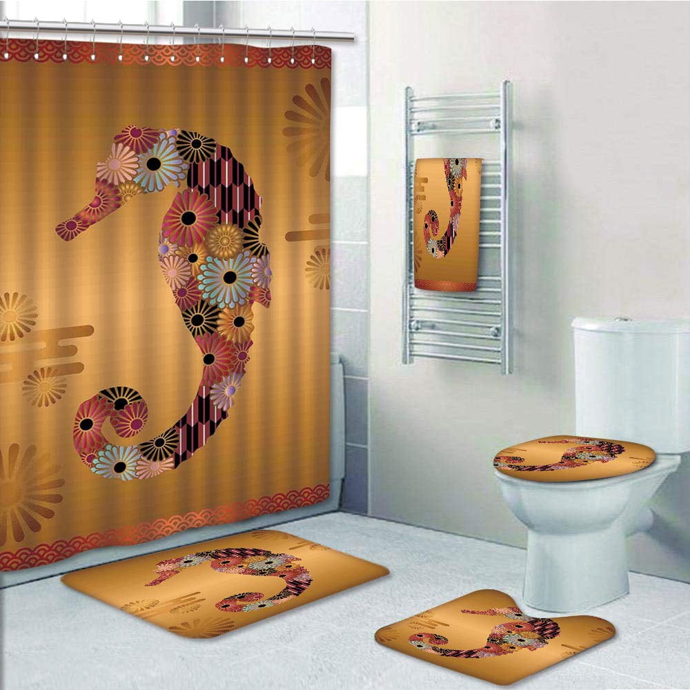 Erehome Ornamental Seahorse Decor With Floral Stripe Lines Kitsch Cute 5 Piece Bathroom Set Shower Curtain Bath Towel Bath Rug Contour Mat And Toilet Lid Cover Walmart Canada