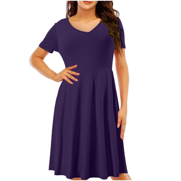 Vestido de verano de color sólido con cuello en V y manga corta cómodo para mujer Pompotops ghjkhdj17802