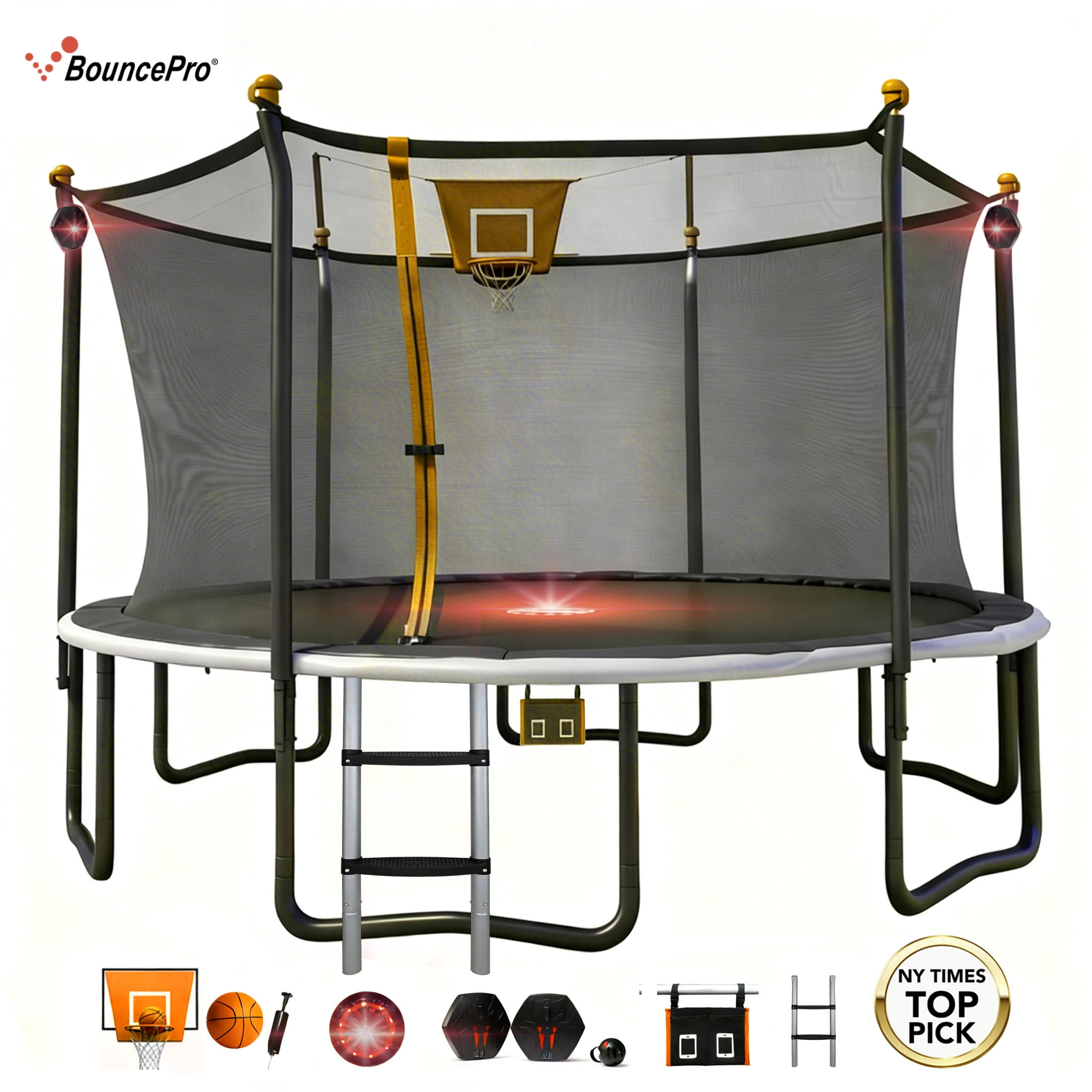 Sportspower Bounce Pro 14ft Multiplay Trampoline Meets ASTM Safety Standards, Heavy-Duty Rust-Resistant Painted Steel Frame, Safety Net, Basketball, Electronic Target Game & Flashing Lights