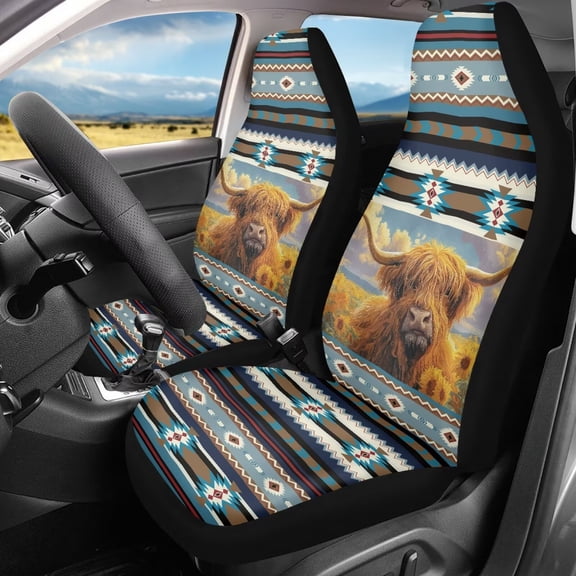 Binienty Highland Cow Print Car Seat Covers Set of 2 Aztec Universal Car Seat Covers Full Set Front Seats Carseat Cover & Accessories for Cars SUV Truck Van