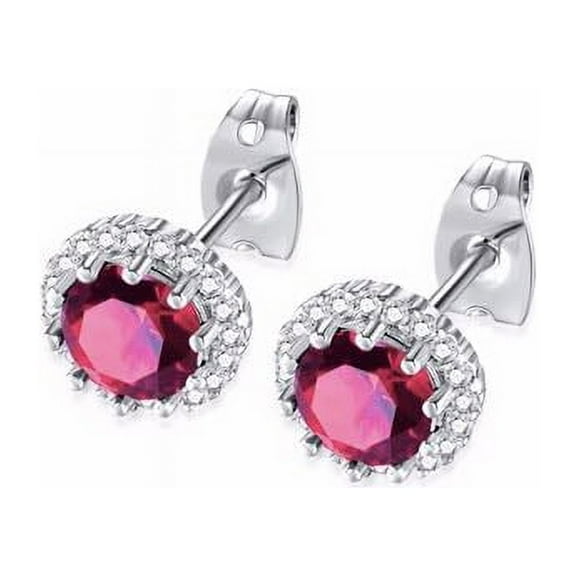 10k White Gold 4 Ct Created Halo Round Ruby Stud Earrings Plated