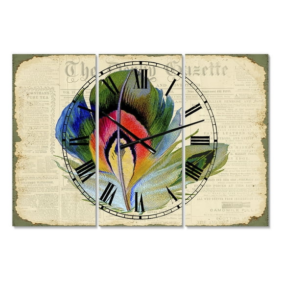 Designart 'Colorful Elegant Feather On Old Style Newspaper II' Large Cottage Wall Clock