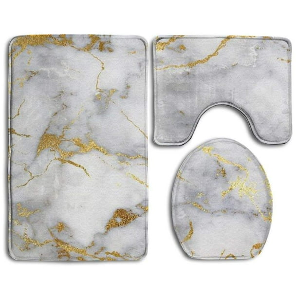 PUDMAD Gold Marble 3 Piece Bathroom Rugs Set Bath Rug Contour Mat and
