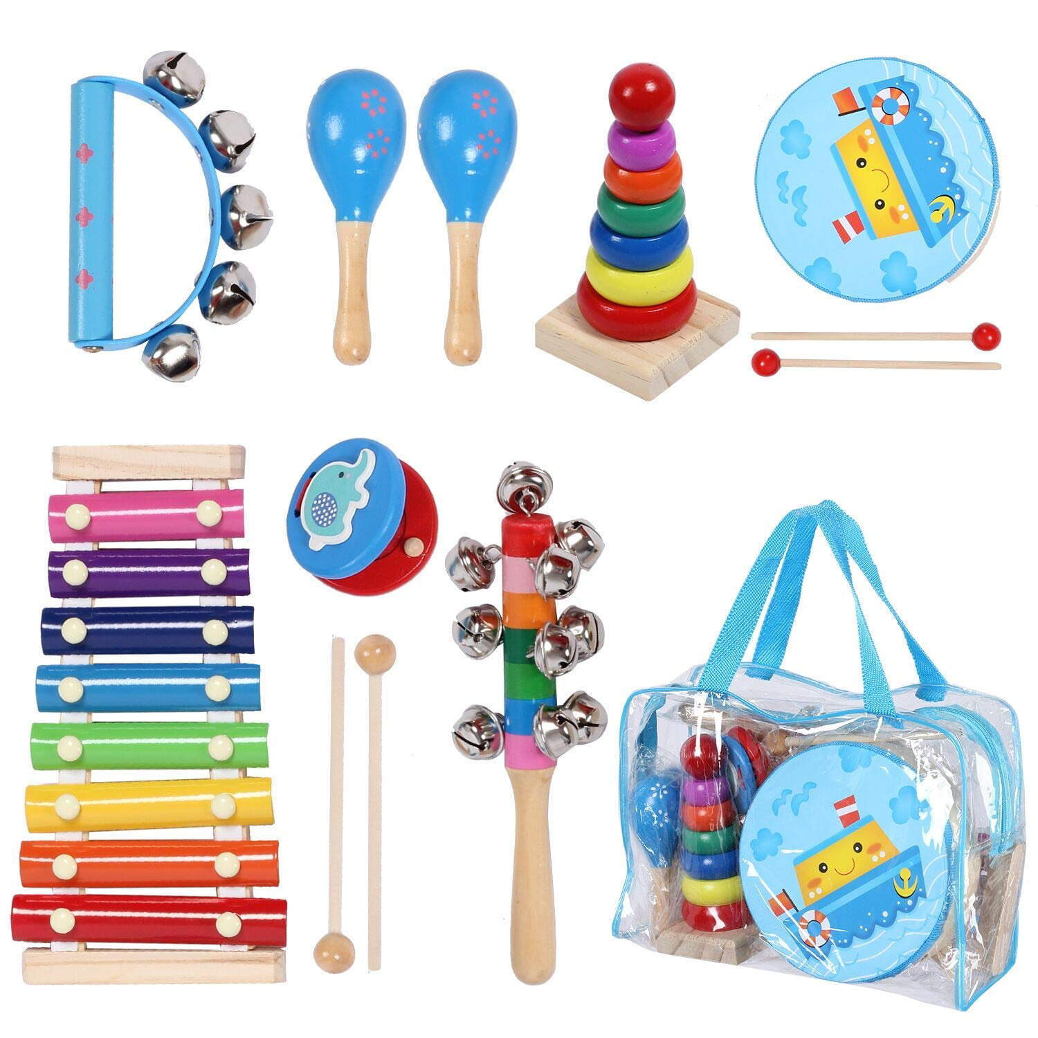 Kmise Toddler Musical Instruments 12 Types Wooden Percussion Instruments Tambourine Xylophone Early Learning Musical Toys Set for Kids for Boys GirlsPreschool Education with Bag