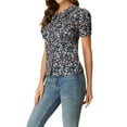 thumbnail image 4 of INSPIRE CHIC Women's Button Down Blouse Puff Short Sleeve Turndown Collar Floral Cotton Top S Dark Blue, 4 of 7