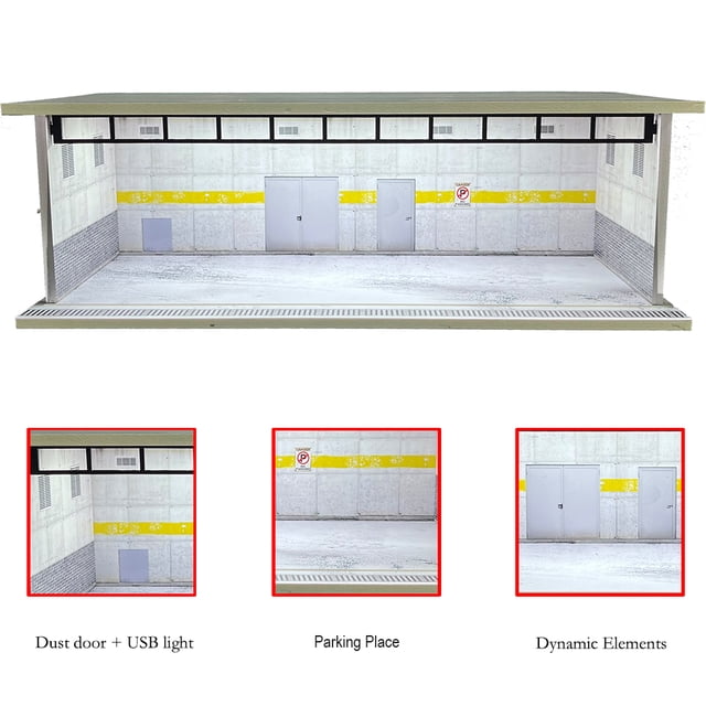 1/64 Scale Car Garage Diorama with USB LED Light Realistic Parking Lot Display Case for Model Cars & Miniature Vehicles,hd-M008-61
