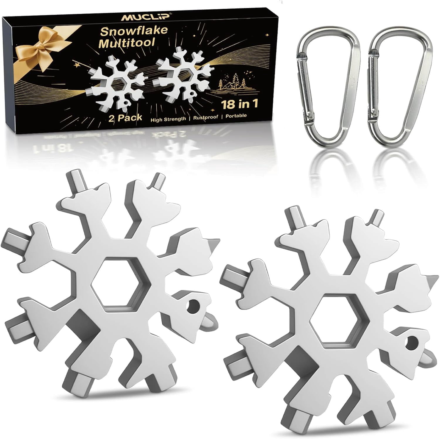 HRTGFD-Stocking Stuffers for Men 2025,18-in-1 Snowflake Multi Tool 2 Pack,White Elephant Gifts for Coworkers,Adults,Stainless Steel Multitool with Carabiner & Bottle Opener - Gift for Him (Silver)