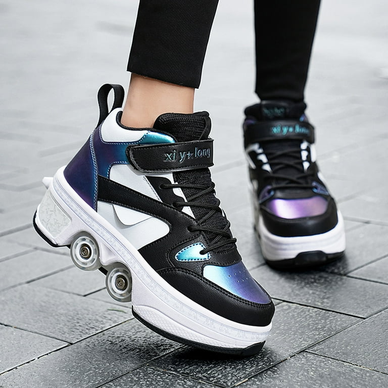Boys Girls 2 in 1 Roller Skates Sneakers Unisex Retractable Wheels Outdoor Fun Fitness Kick Roller Shoes Children Best Gift