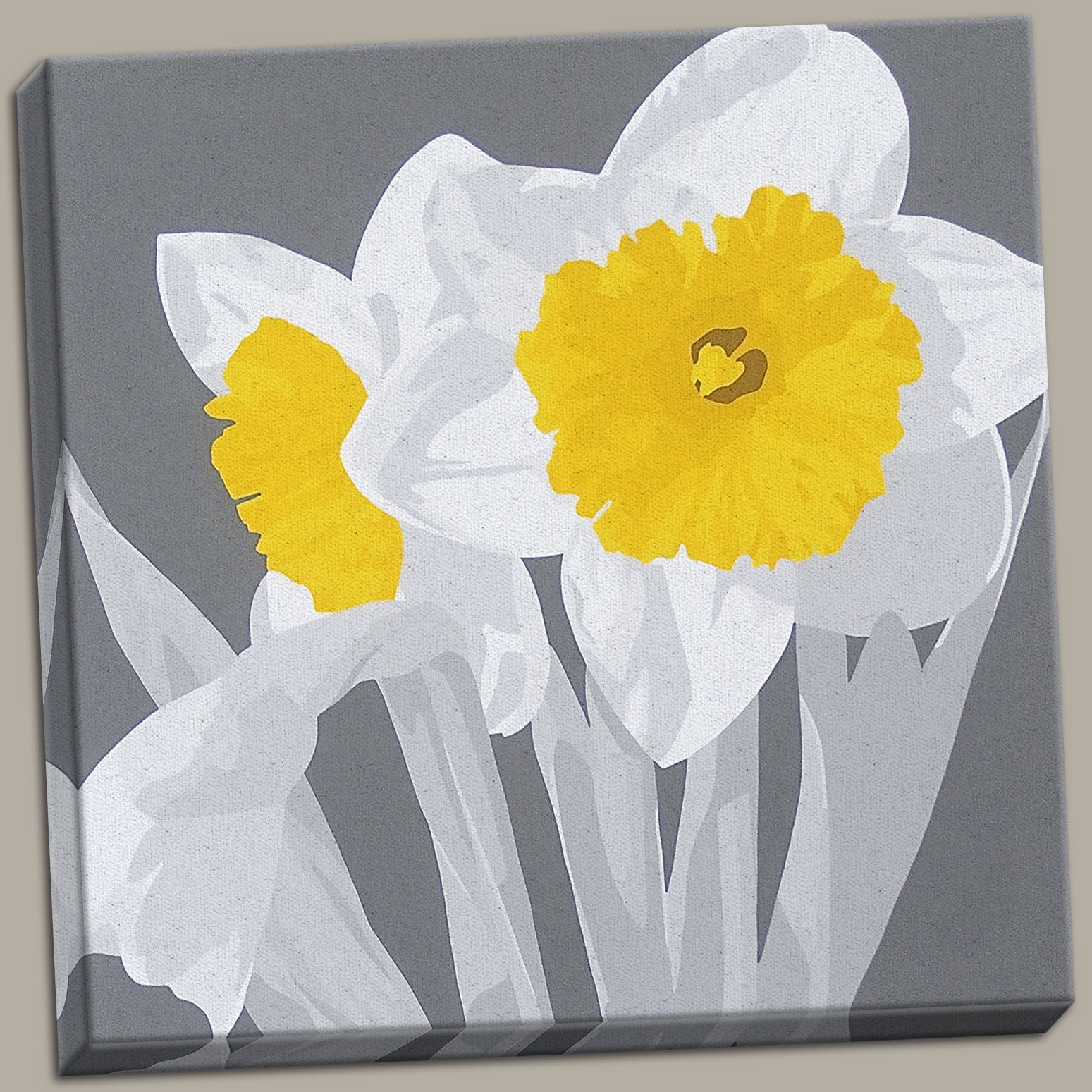 Beautiful Gray and Yellow Daffodil Floral Canvas; One 16x16in Hand