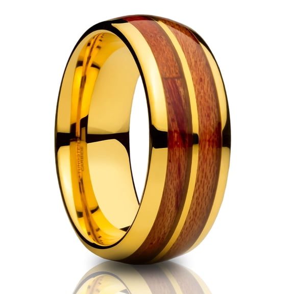 Yellow Gold Wedding Ring,Tungsten Wedding Band,8mm Wedding Ring,Koa Wood Wedding Ring,Engagement Ring,Anniversary Ring