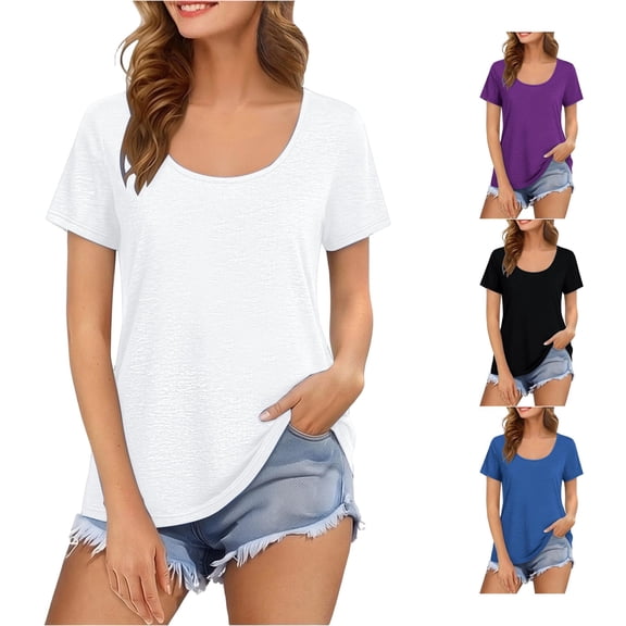 Trendfront Womens Solid Color T Shirt Scoop Neck Short Sleeve Casual Loose Fit Everyday Basic Tee Tops for Women