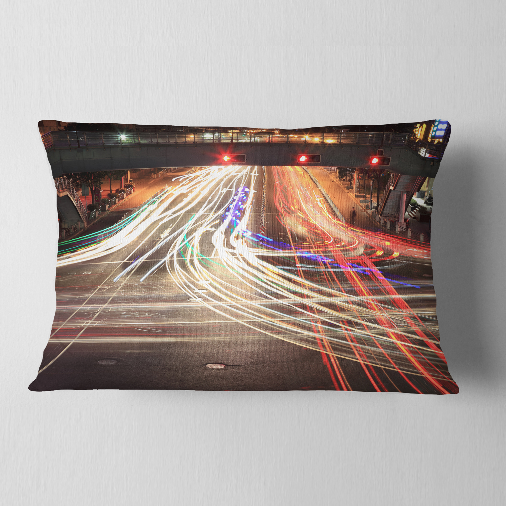 Designart Light Traces on Crossroad - Cityscape Digital Throw Pillow - 12x20