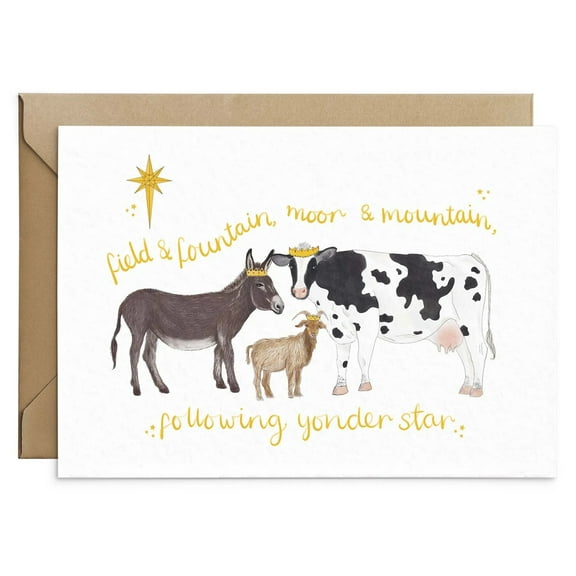 Christmas Animal Card – Featuring Donkey, Goat, and Cow with Gold Crowns – Blank Inside with Matching Envelope – Perfect Holiday Greeting for Friends and Family