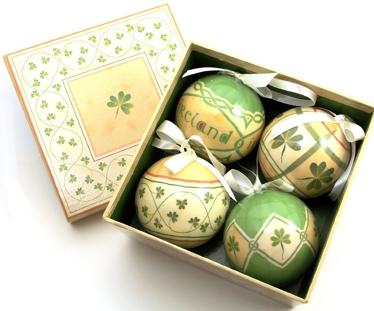 Irish Shamrock Christmas Baubles Boxed Set of 4 Ornaments by Royal Tara