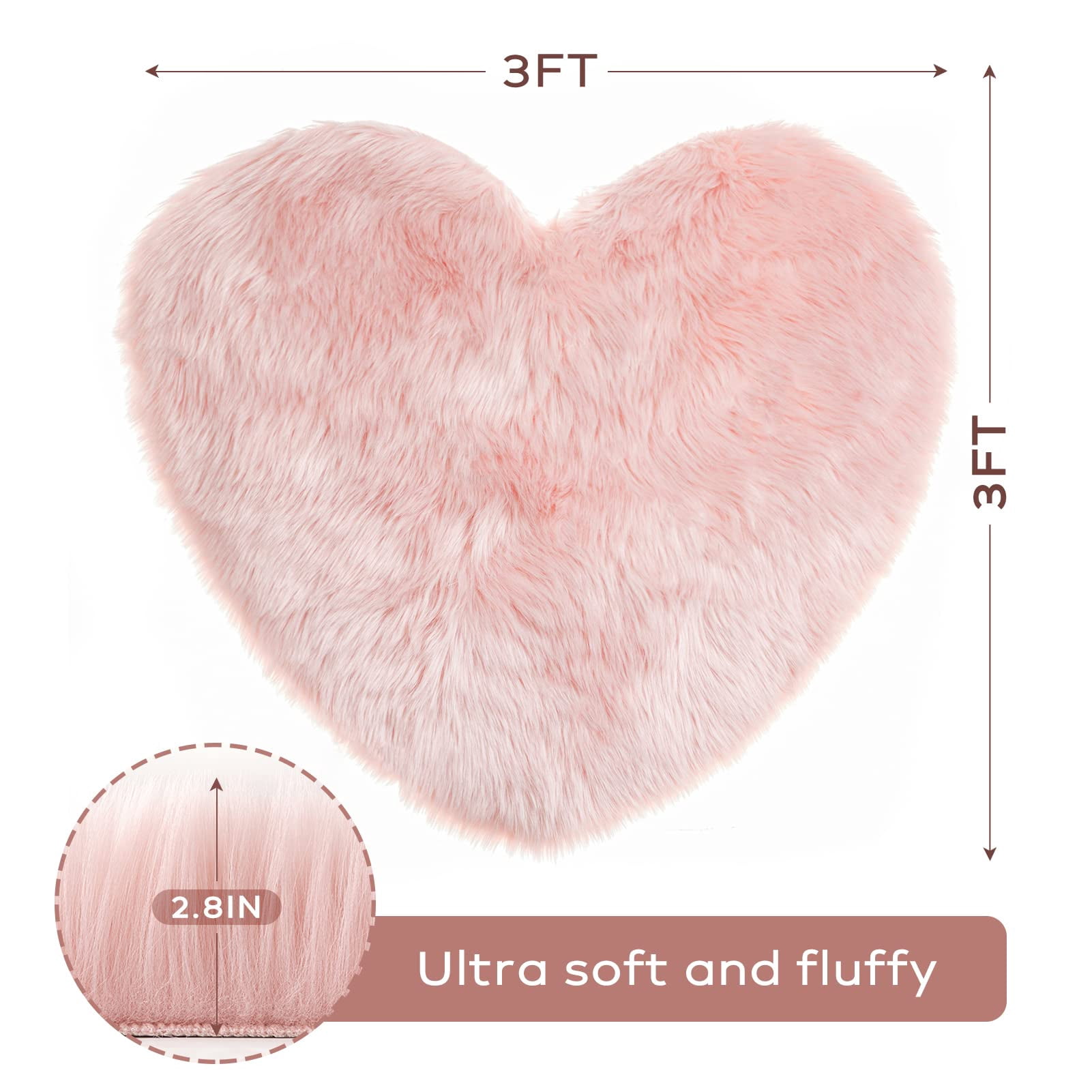Phantoscope Valentine's Day Mother's Day Ultra Soft Heart Shaped Faux Sheepskin Area Rug, Non Slip Fluffy Modern Heart Carpet for Bedroom Living Room, Pink, 3x3 ft