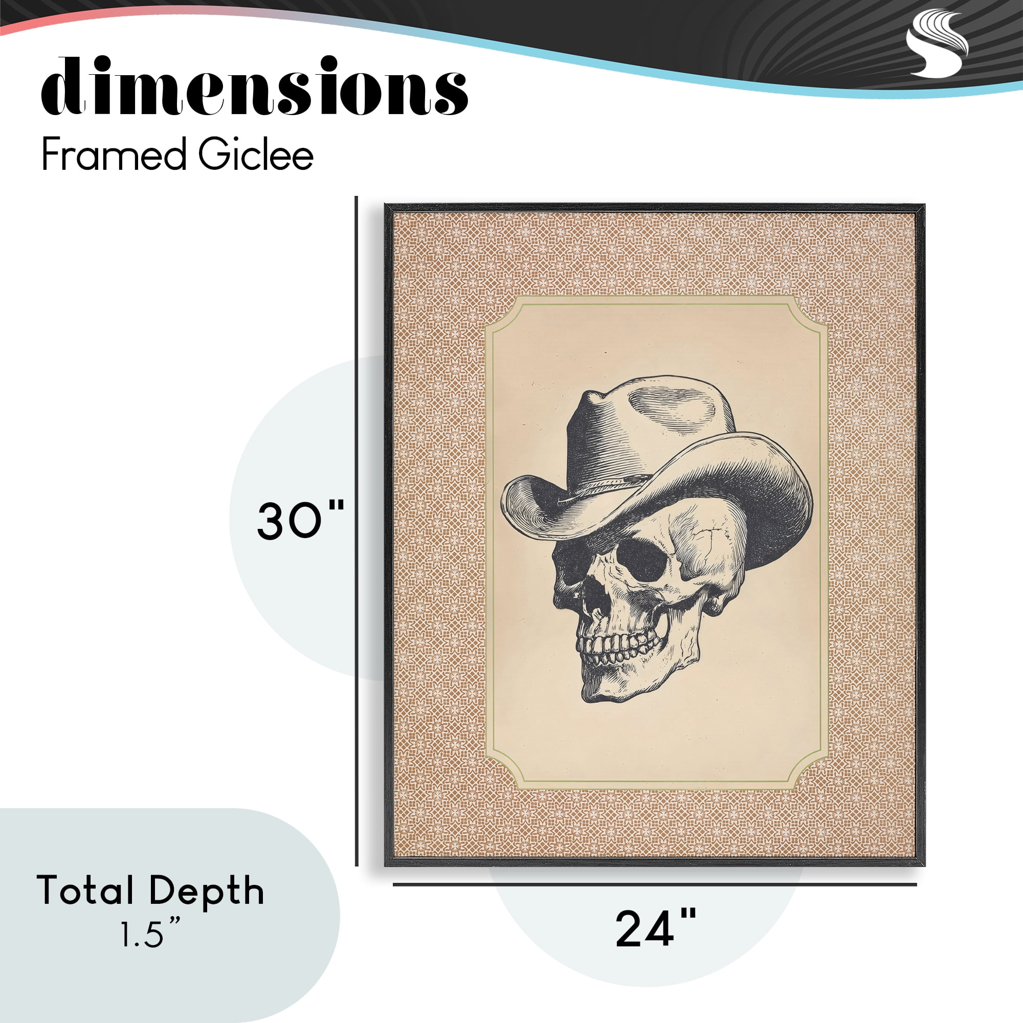 Vintage Cowboy Skull Black Framed Giclee Art, design by Arlington Prints