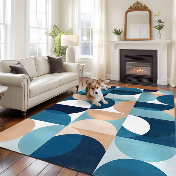 Blue Khaki Area Rugs 5x7 ft Nordic Retro Medieval Geometric Abstract Washable Rug Non Slip Indoor Carpet Absorbent Floor Mat for Living Room Bedroom Dining Room