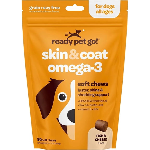 Ready Pet Go! Skin and Coat Supplement for Dogs with Omega 3, Krill Oil, and Vitamin E, 60-piece