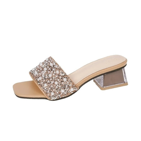 

TOYFUNNY Womens Summer Rhinestone Pearl Breathable Chunky Heel Sandals