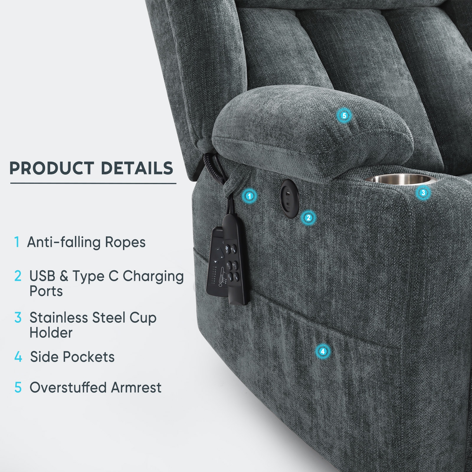 JULY'S SONG Power Recliner Chair with Heat and Massage, Dual Motor Lift Chairs for Elderly with Cup Holders, Oversized Recliners for Adults with USB & Type-C Ports, Grey Blue