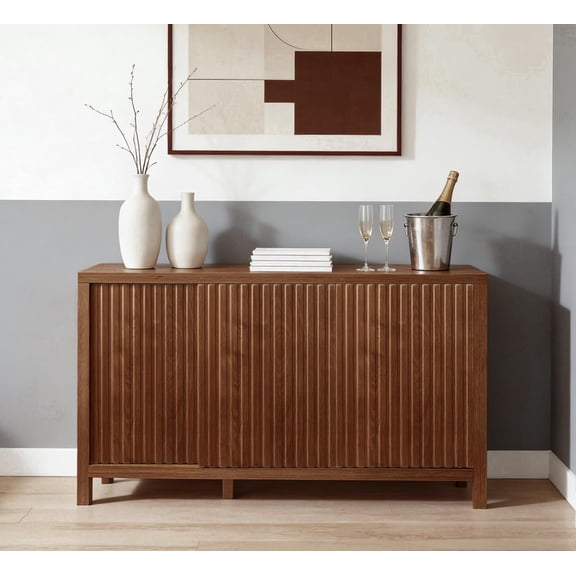 ZYBT Fluted Sideboard Buffet Cabinet with Storage, Modern Credenza Buffet Sideboards Bar Cabinet Console Table with Adjustable Shelves Slide Door for Living Room Hallway Kitchen Entryway