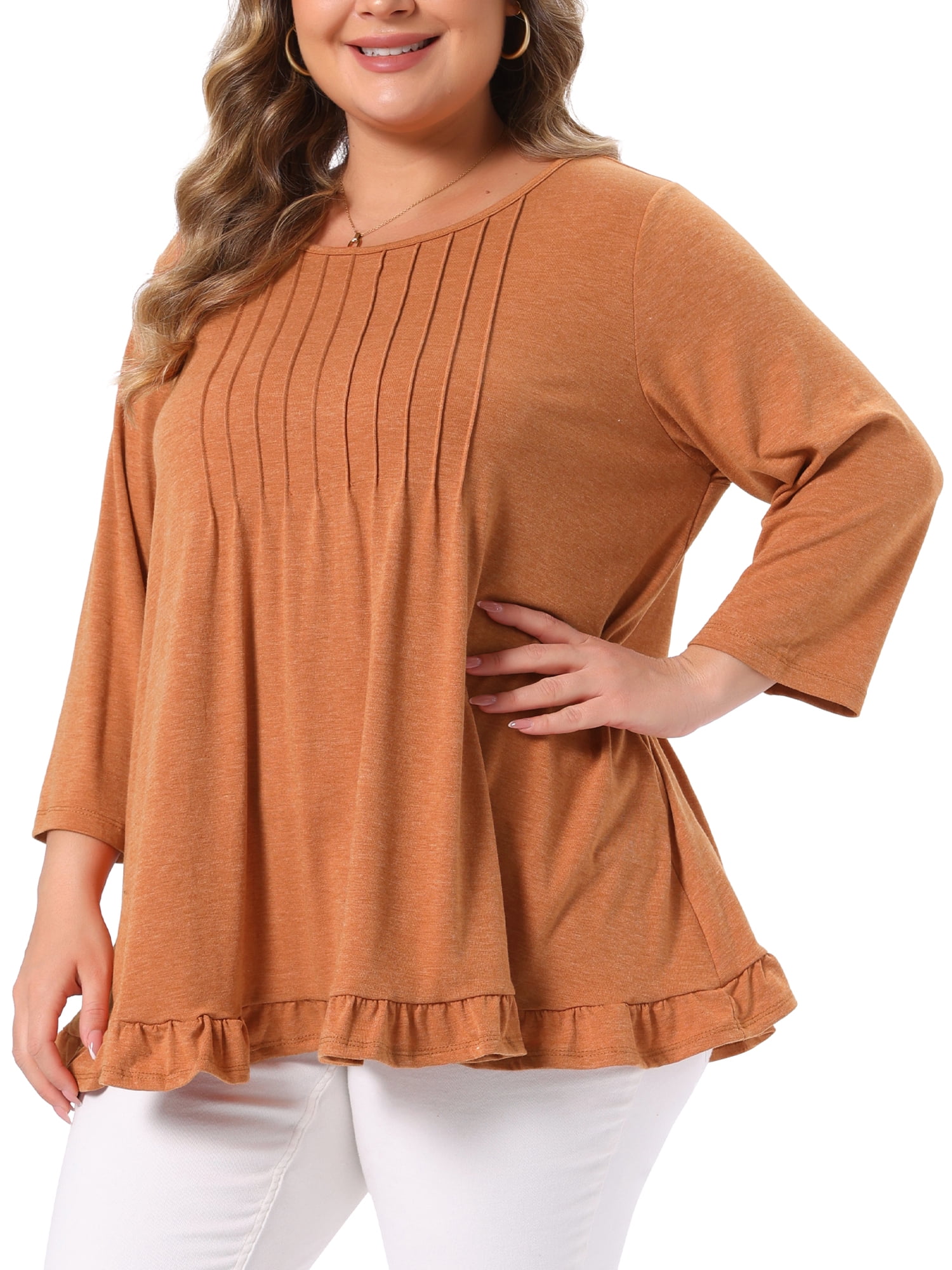DARING DIVA Women's Plus Pleated Crew Neck 3/4 Sleeve Blouses 2X Caramel