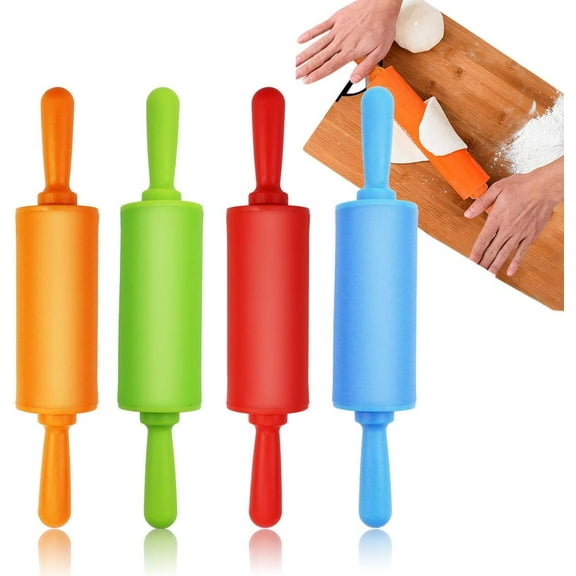 4 Pack Mini Rolling Pin for Kids, 9 Inch Plastic Handle Rolling Pin Non-Stick Silicone Rolling Pins for Children Cake Baking