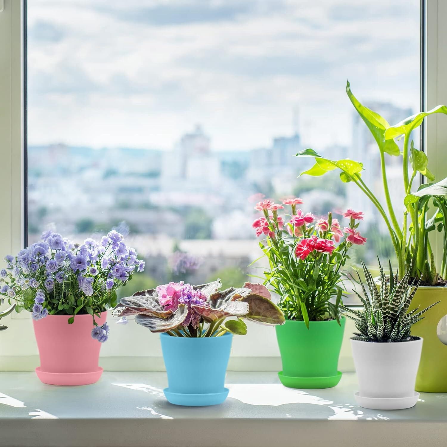 LQQBOX 24 Pcs 4 Inch Plastic Plant Pot with Saucers Flower Pots Planters Nursery Pots for Outdoor Indoor Plants Gardening Containers, Assorted 8 Colors