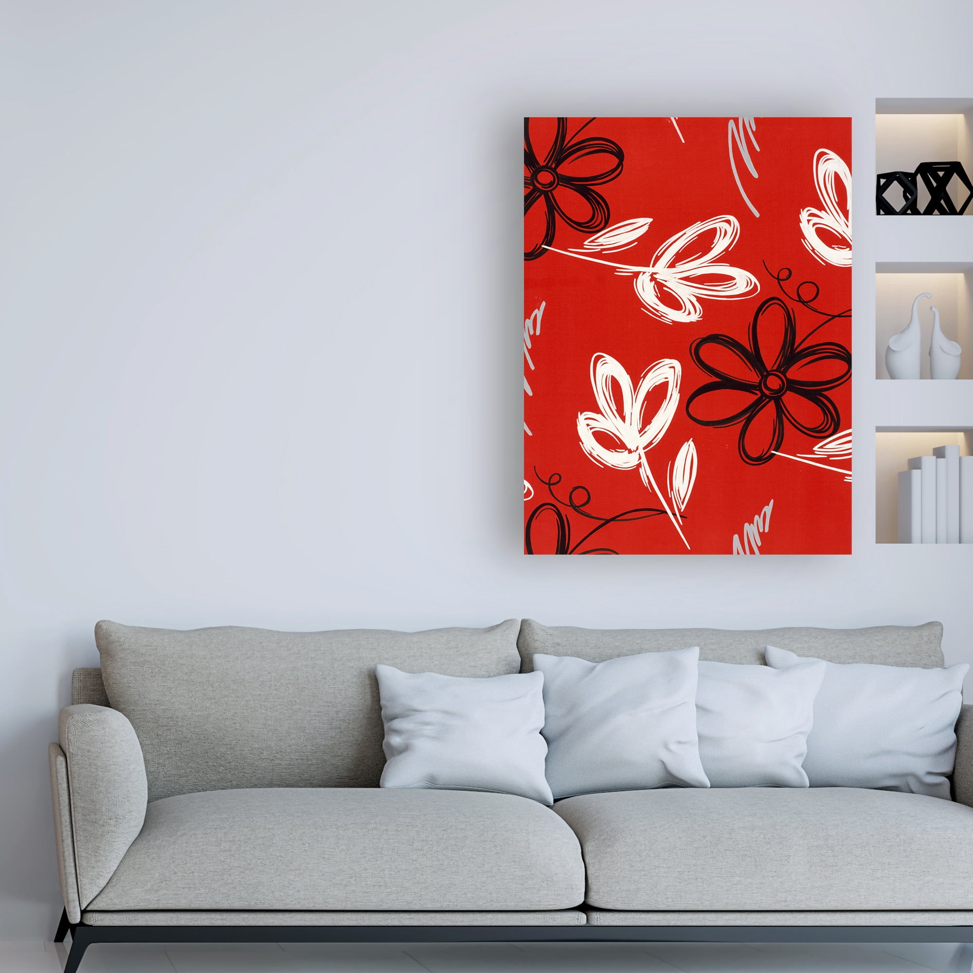 Trademark Fine Art 'Black And White Flowers On Red' Canvas Art by Pablo Esteban