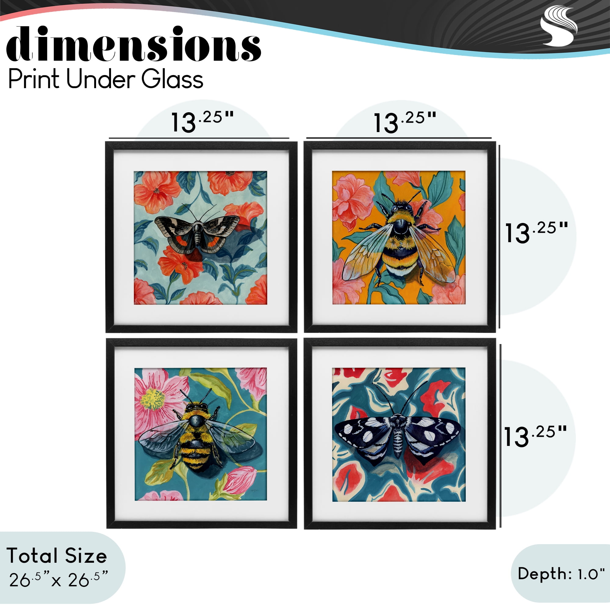 Stupell Industries Insects on Flower Patterns 4 Piece Black Framed Print Under Glass Set, design by Kate Jarvik Birch