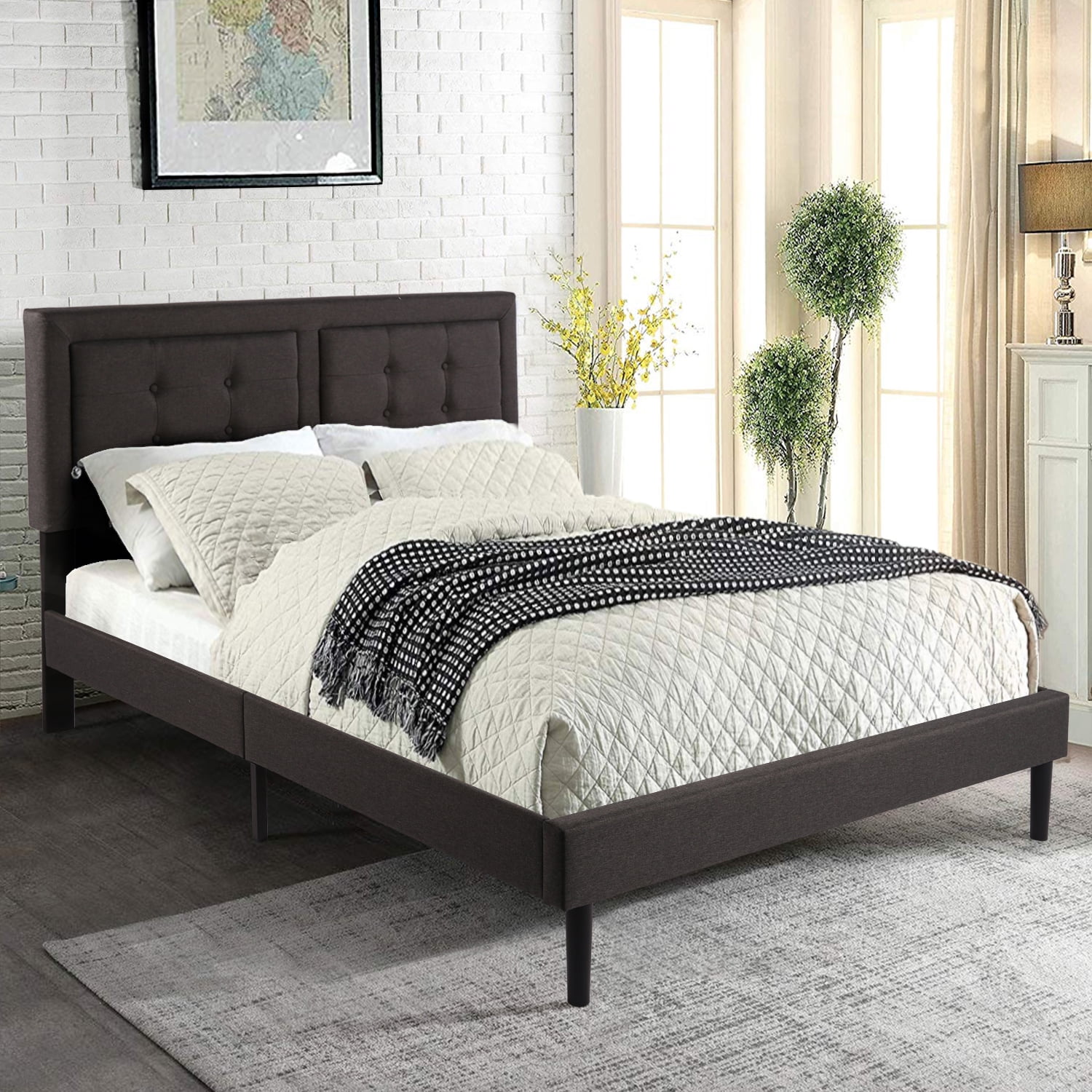 VECELO 46.9"Platform Bed with Upholstered Headboard Bed Frame，Full Size