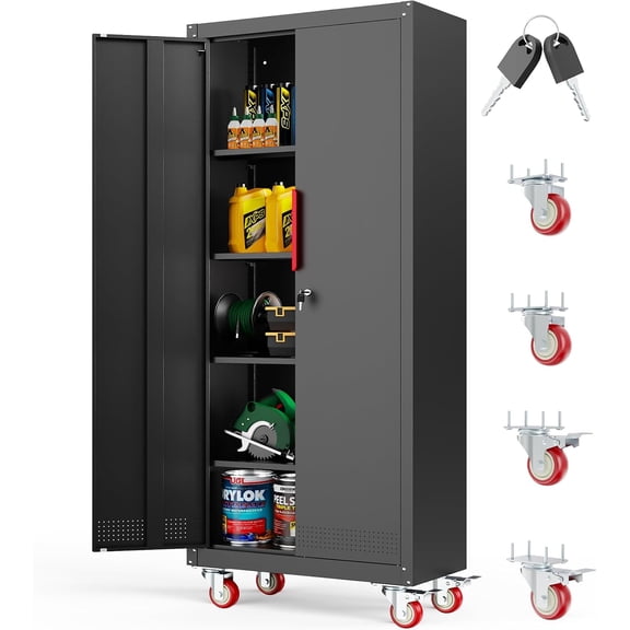 LMTC 71" H Garage Storage Cabinet with 4 Adjustable Shelves and Wheels, Lockable Metal Storage Cabinet for Garage, Home, Warehouse, Assembly Required,Black