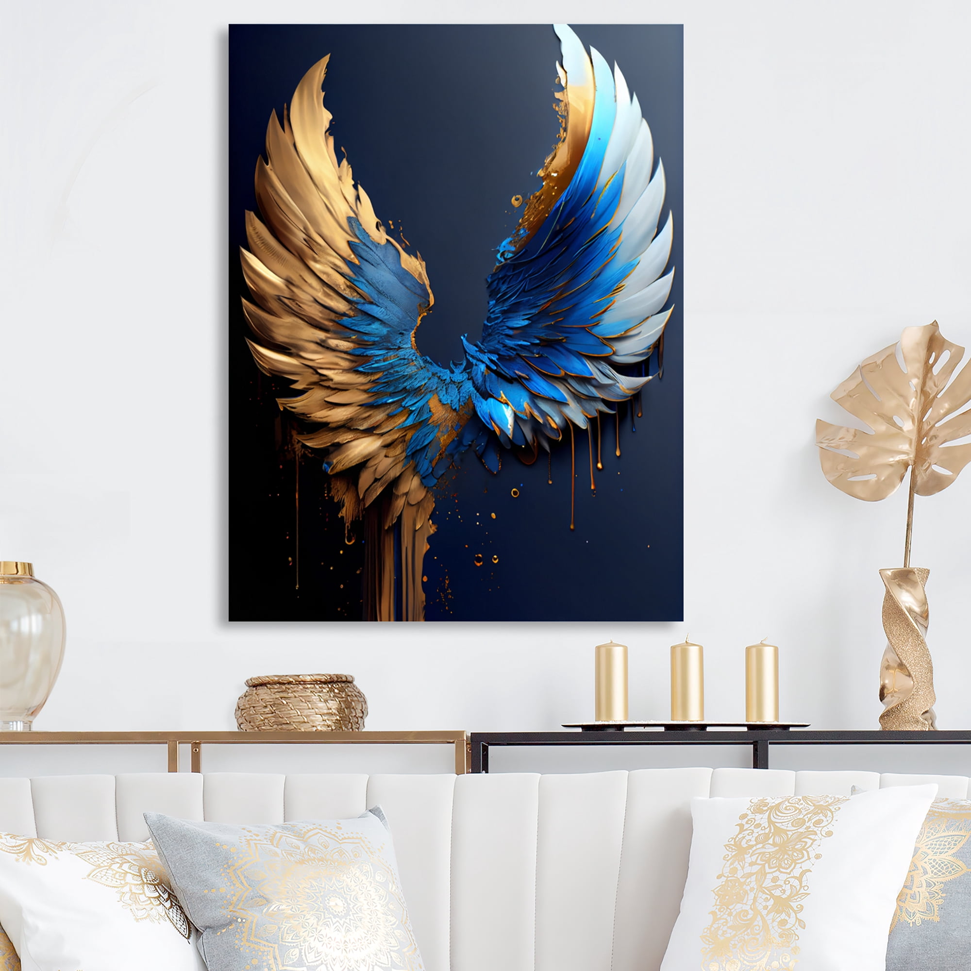 Designart Blue And Gold Angel Wings VI Canvas Wall Art